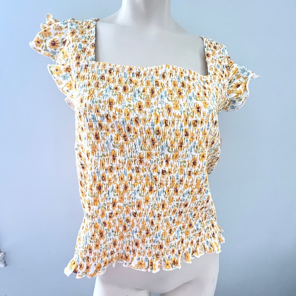 Old Navy Smocked Top Sunflower Boho Square Neck Ruffle Sleeve‎ XL Cottagecore - Picture 1 of 9